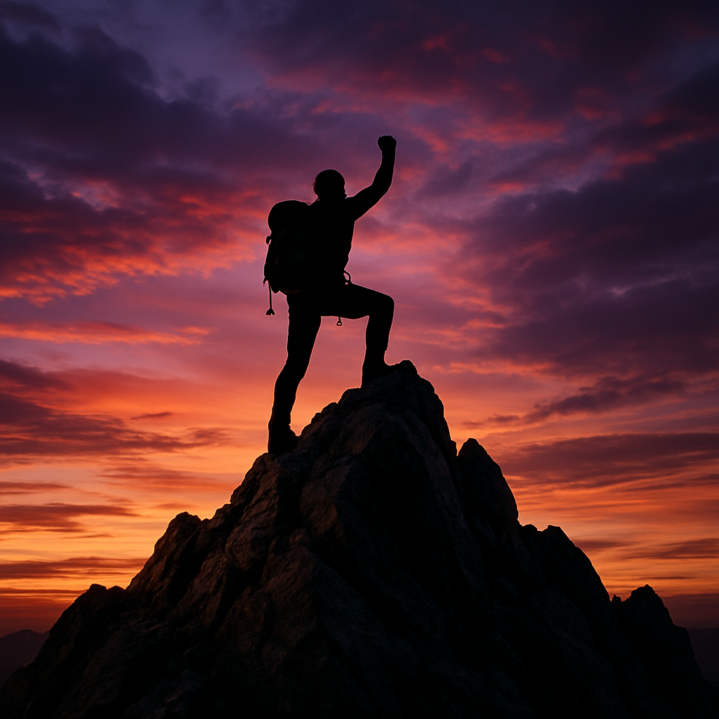 AI-generated climber reaching a mountain summit at sunset