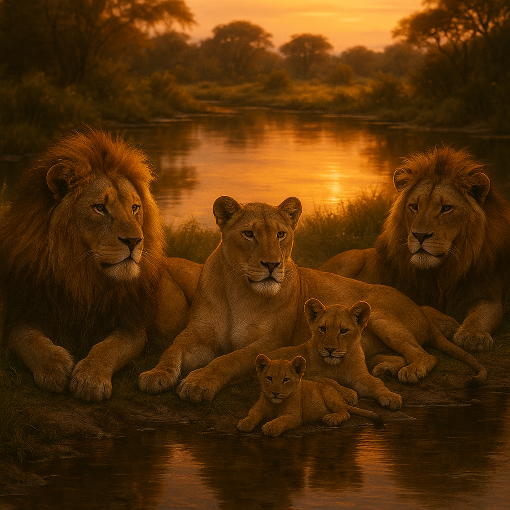 AI-generated pride of lions beside a watering hole at sunset