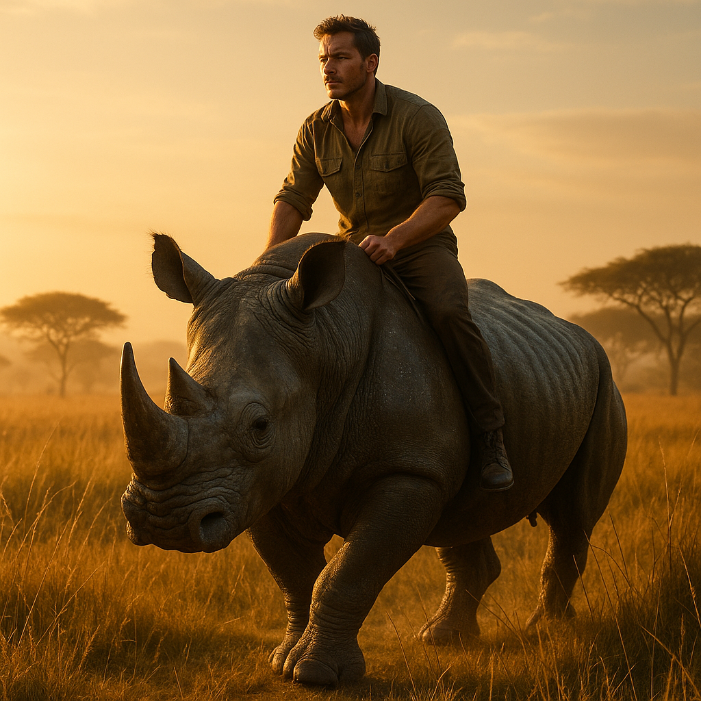AI-generated man riding a rhino across a savannah at dawn